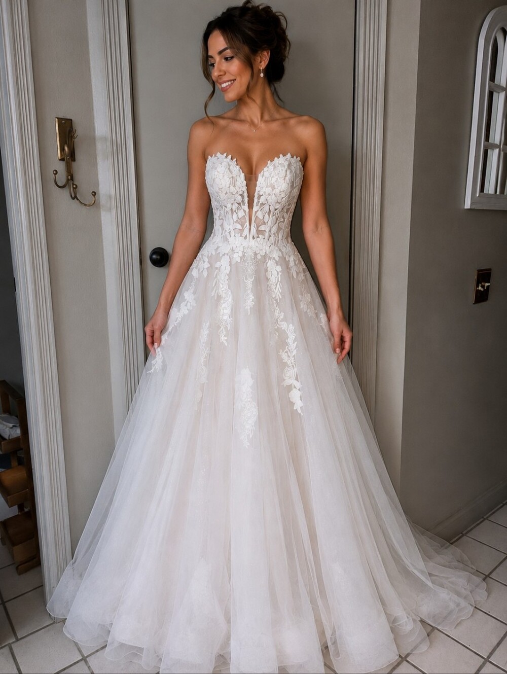 Romantic Strapless White Floral Appliqué Bridal Gown